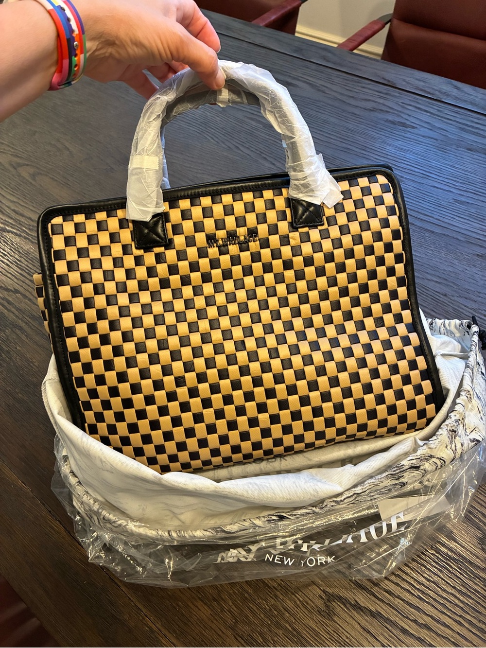 MZ Wallace Black and Tan Woven Checker Satchel